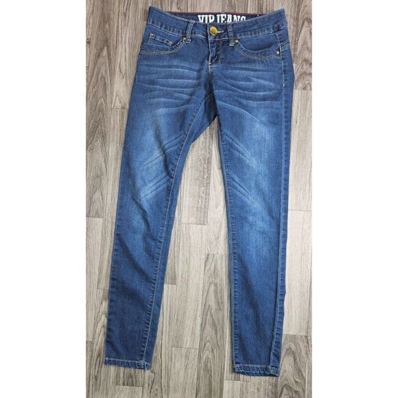 (3/$35) V.I.P Jeans Size 1 / 2 Pockets Stretch Whiskered Skinny Denim Blue Jeans - Picture 1 of 11